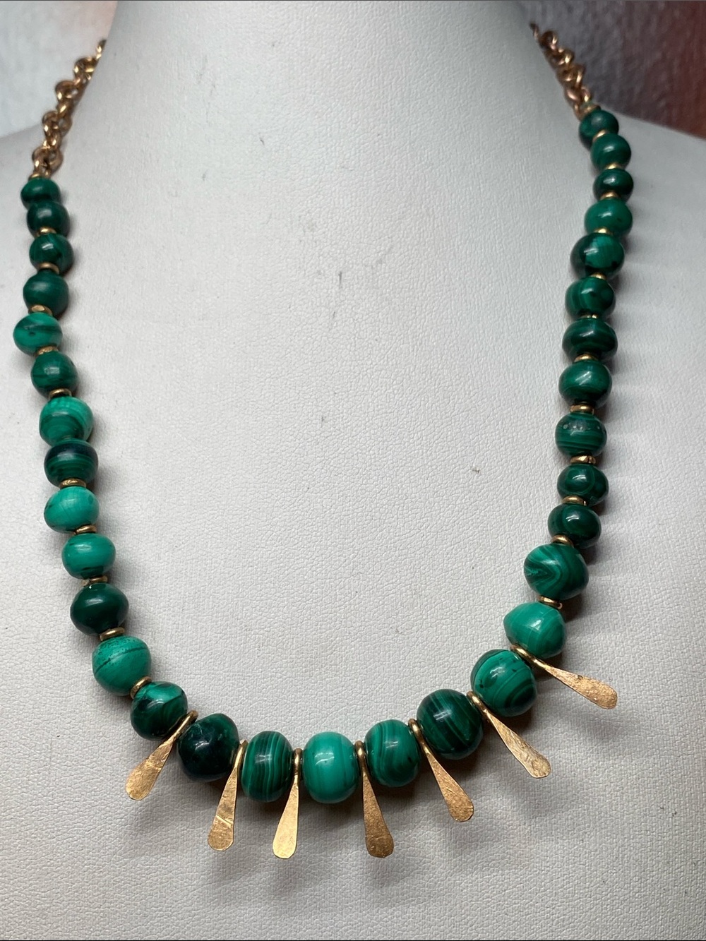 Green Malachite Beaded Necklace With Gold Brass Accents Statement Jewelry